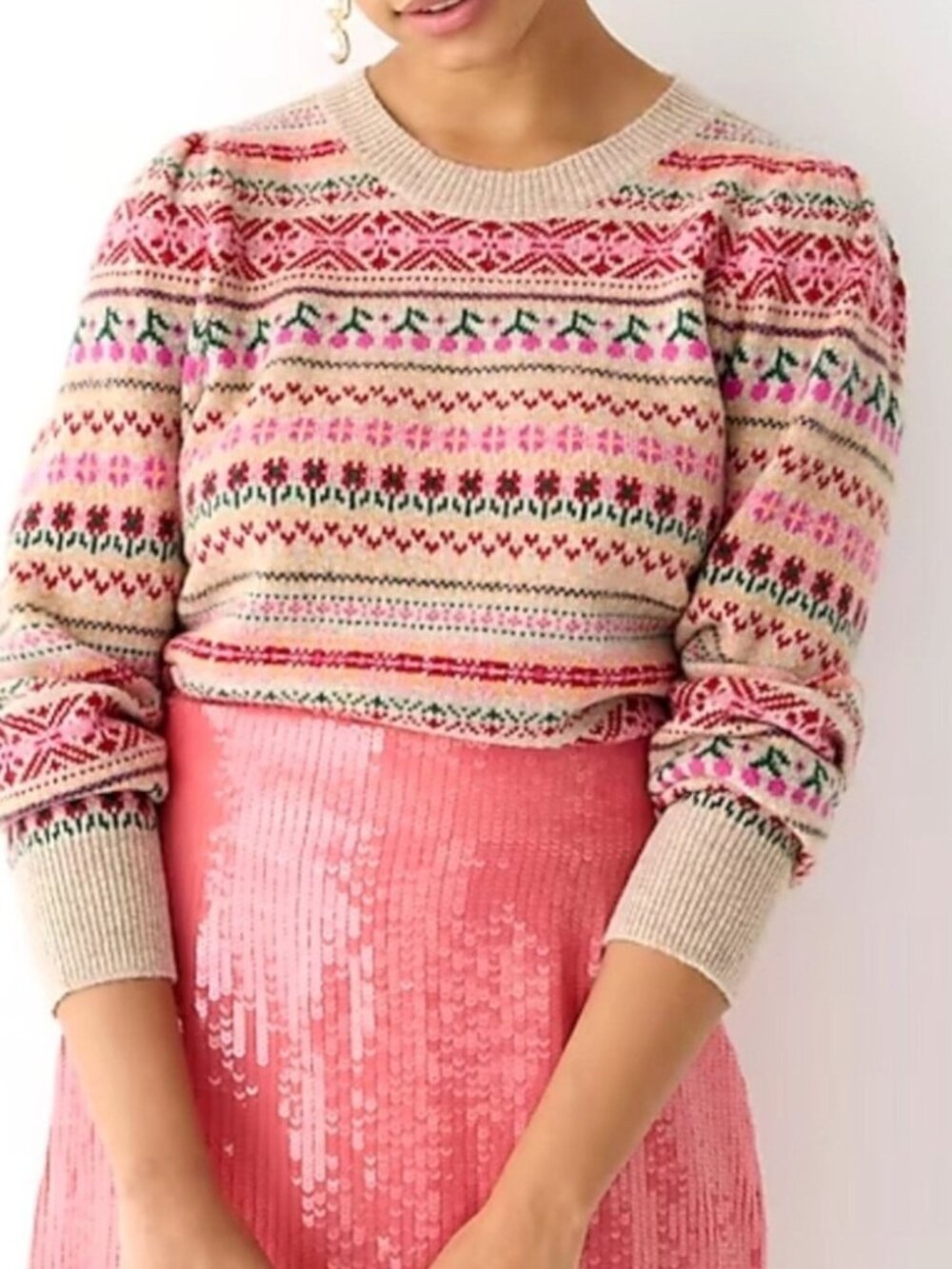 J. Crew Fair Isle Sweater Size XXS Cherries Flowers Lambs Wool Blend